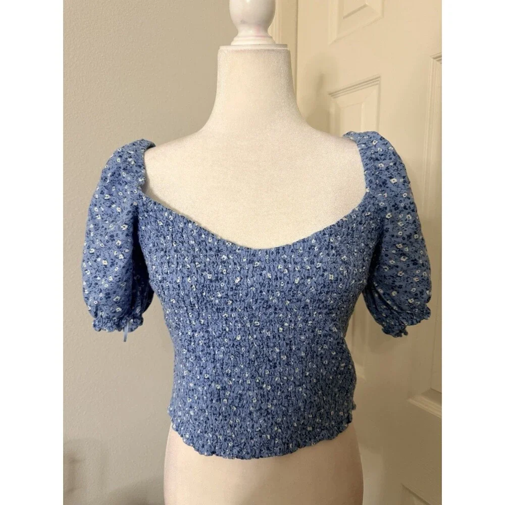Abercrombie Women Blue Floral Smocked Crop Top Puff Sleeve Size L